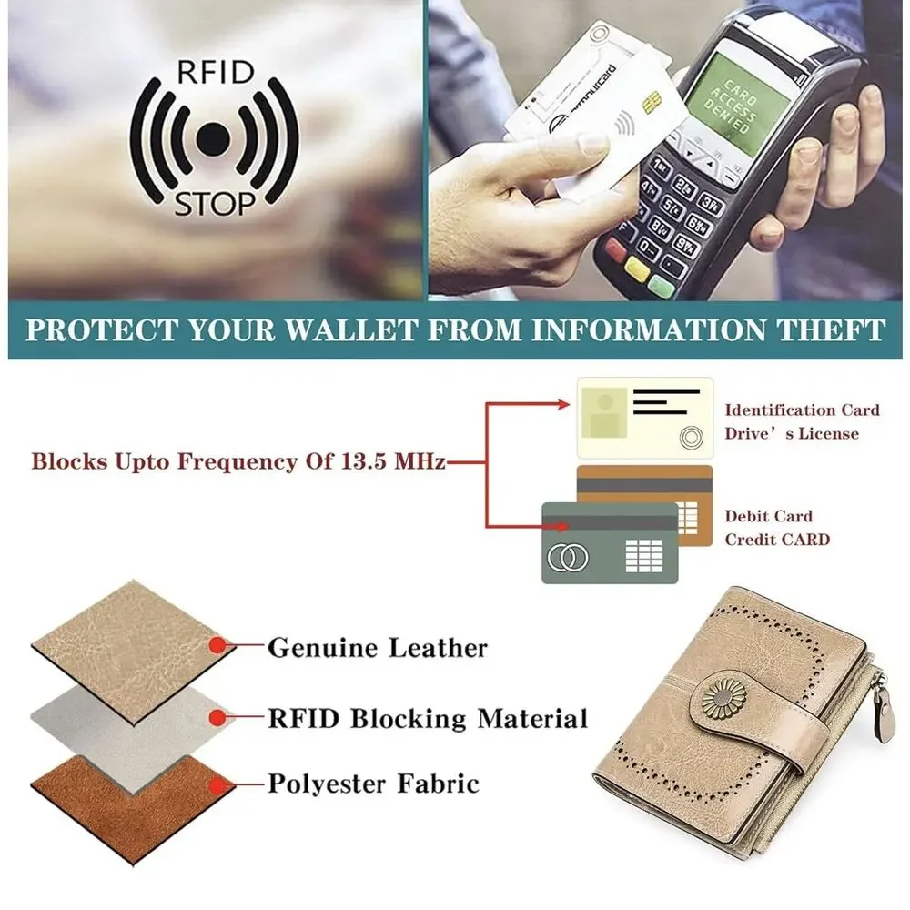 Sendefn Wallet Womens Beige Leather Bi-fold Zipper Coin Pocket RFID Blocking - Picture 5 of 7